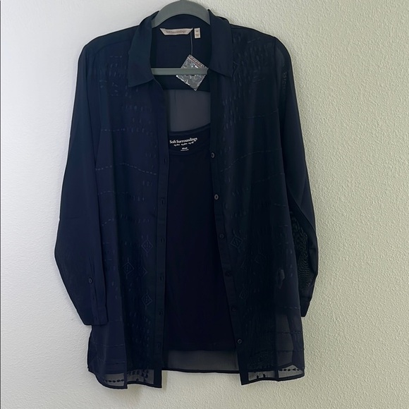 New Soft Surroundings Navy Blue Embroidered Sheer Blouse with Matching Cami – XS - Picture 1 of 7